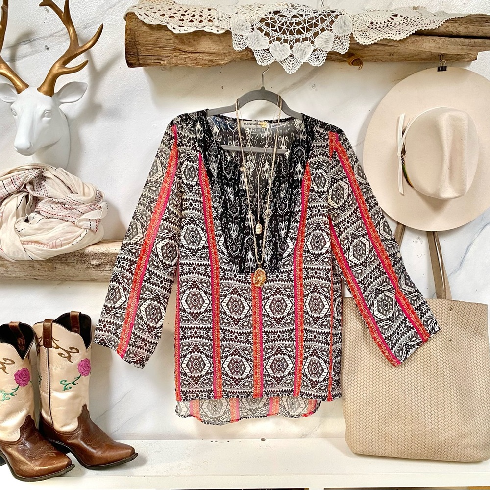 Anthropologie Black and Red Patterned Blouse